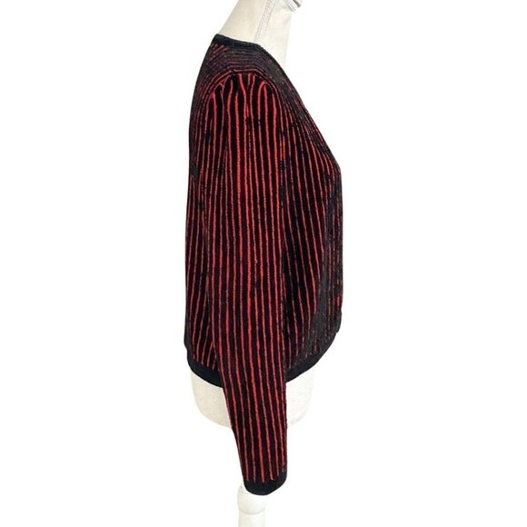 ST JOHN BY MARIE GRAY BLACK RED STRIPED CHENILLE KNIT CARDIGAN - Picture 2 of 9